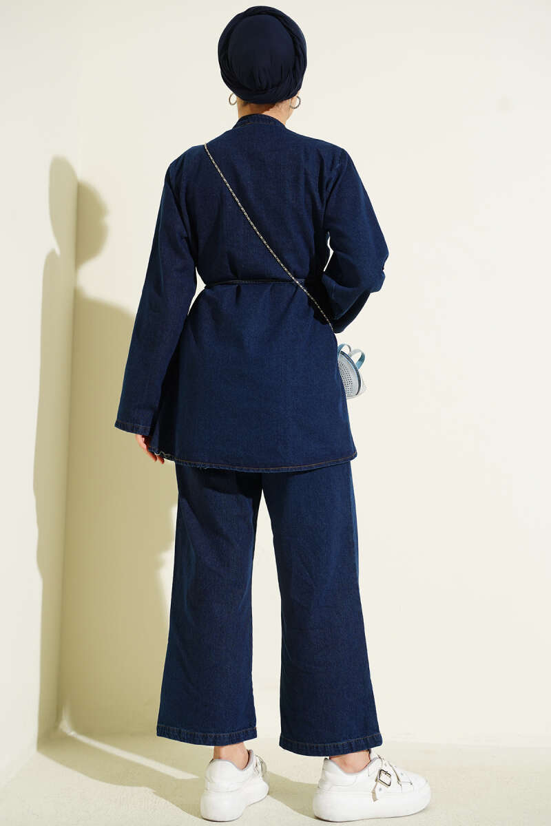 Rivet-Button Denim Two-Piece Set - Navy