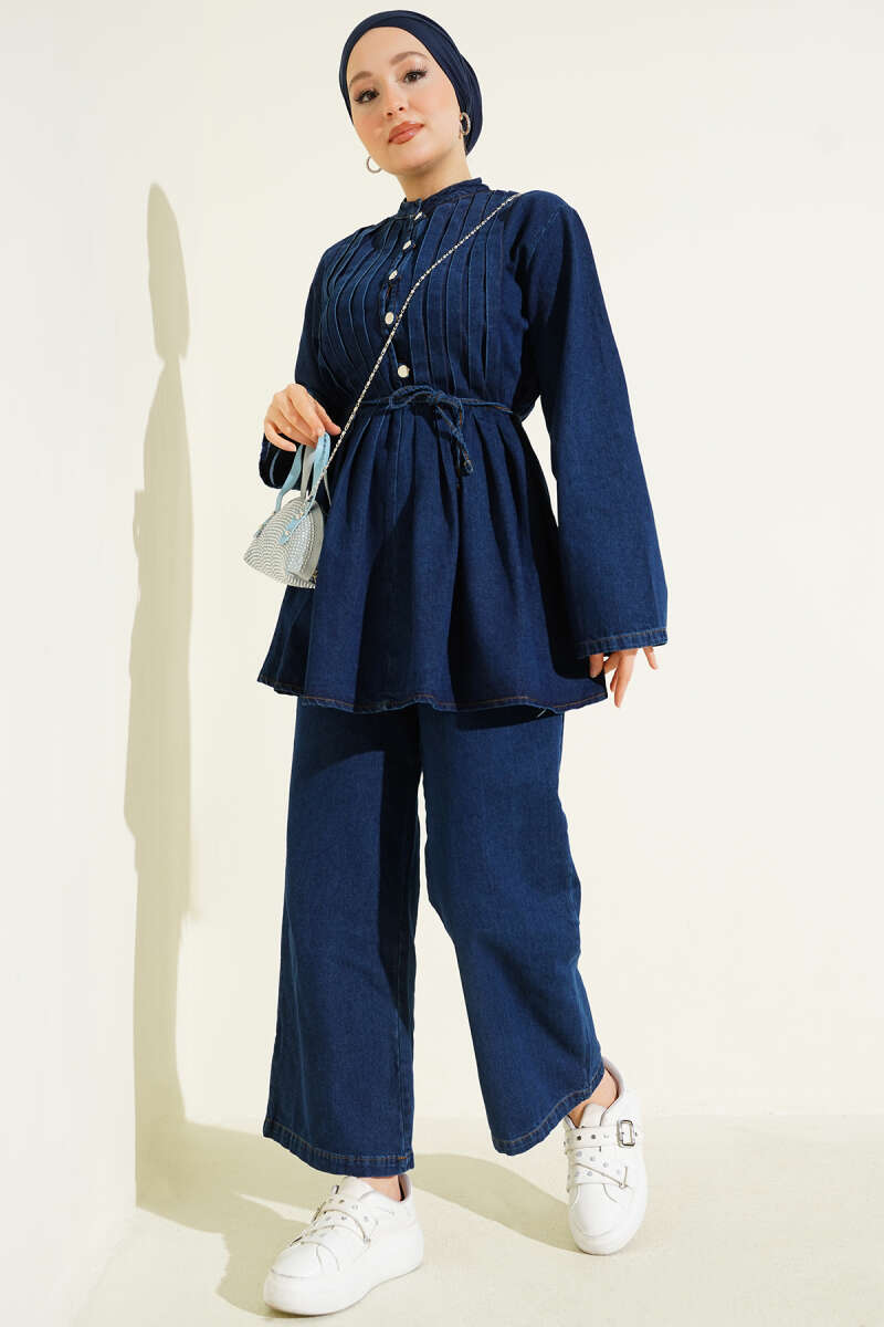 Rivet-Button Denim Two-Piece Set - Navy