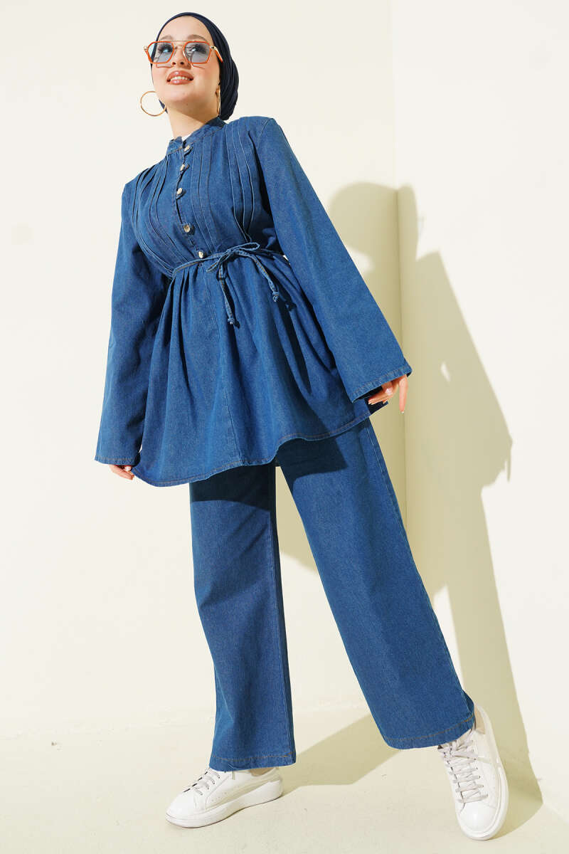 Rivet-Button Denim Two-Piece Set - Blue