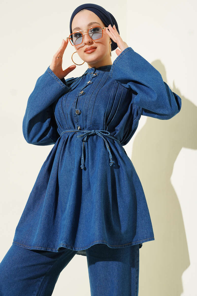 Rivet-Button Denim Two-Piece Set - Blue