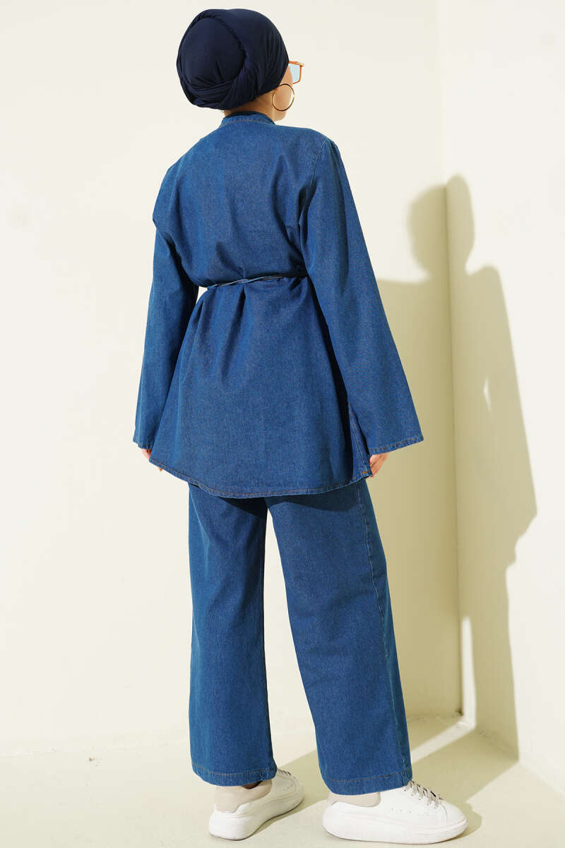 Rivet-Button Denim Two-Piece Set - Blue