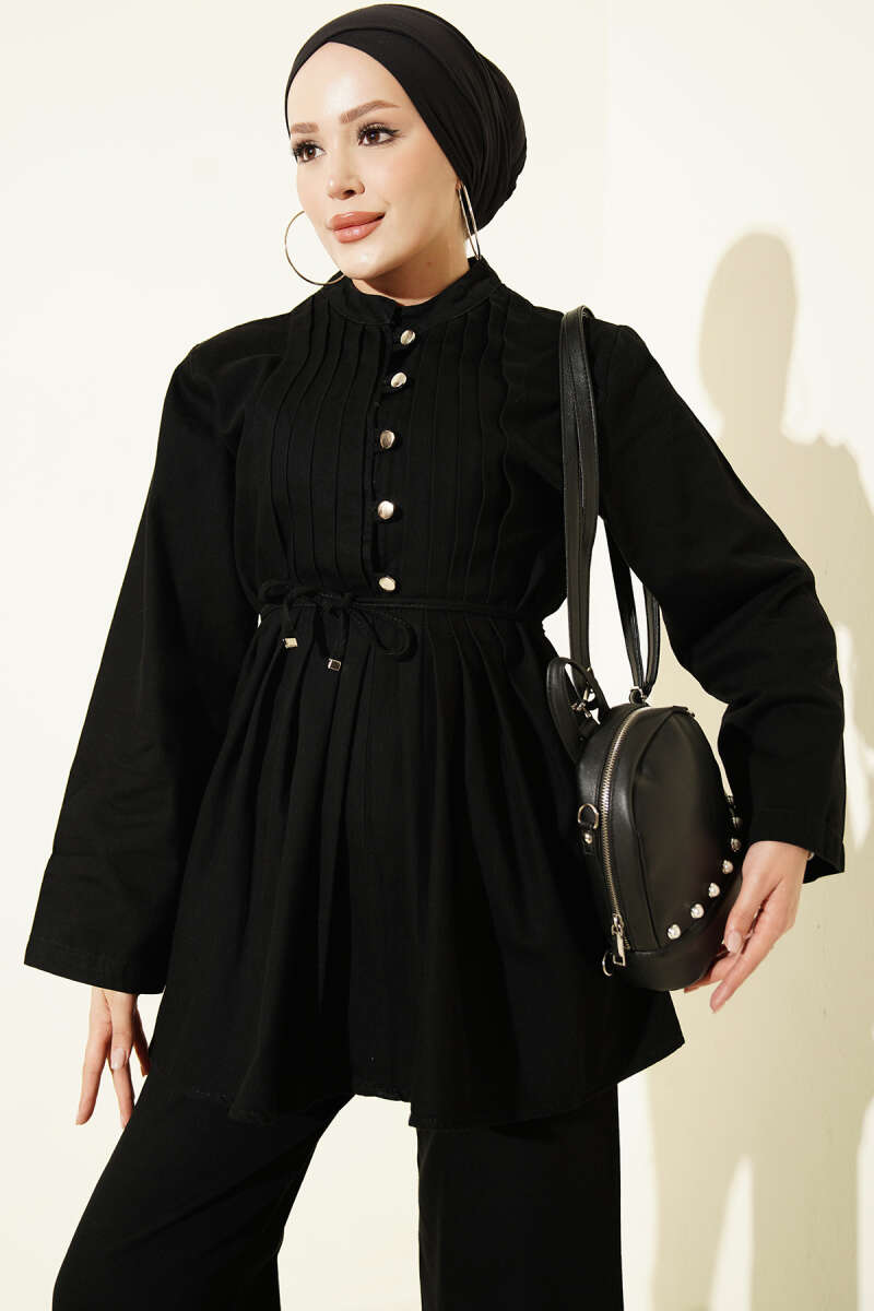 Rivet-Button Denim Two-Piece Set - Black