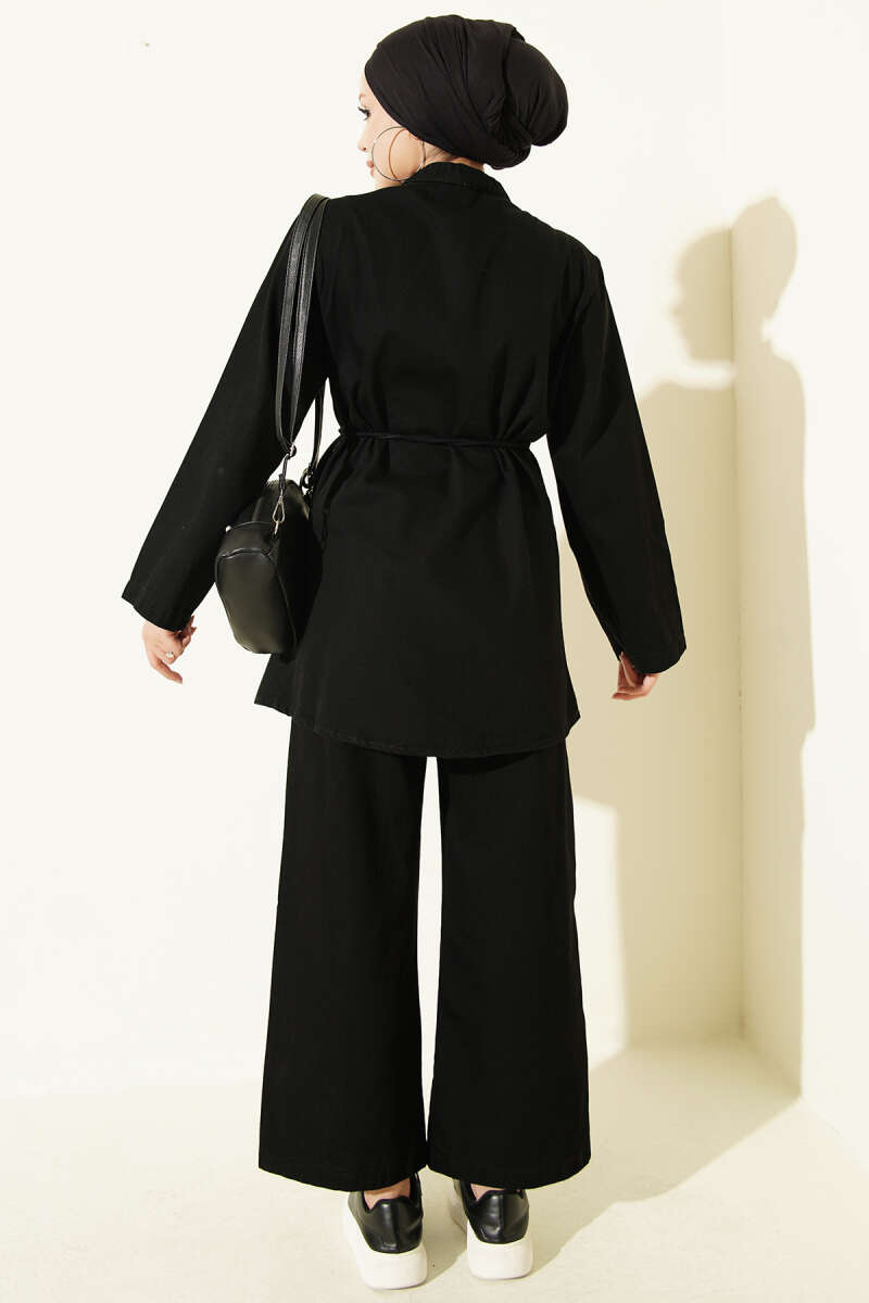 Rivet-Button Denim Two-Piece Set - Black