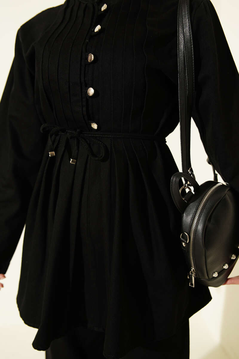 Rivet-Button Denim Two-Piece Set - Black