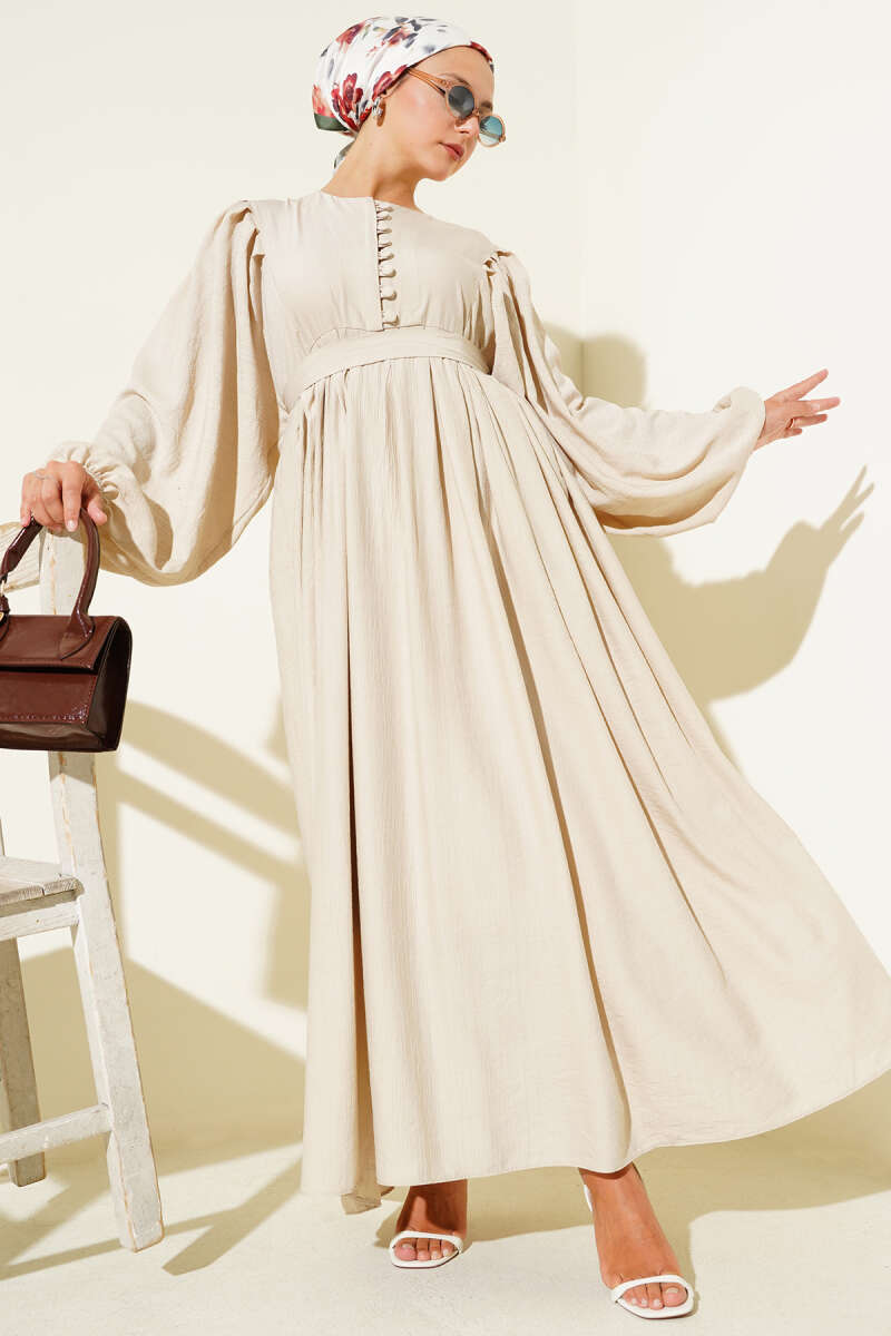 Belted Rivet-Button Dress - Beige