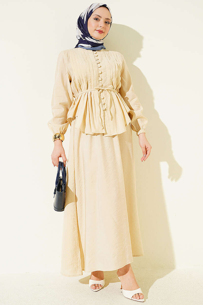 Ribbed Skirt Set with Rivet Buttons - Beige