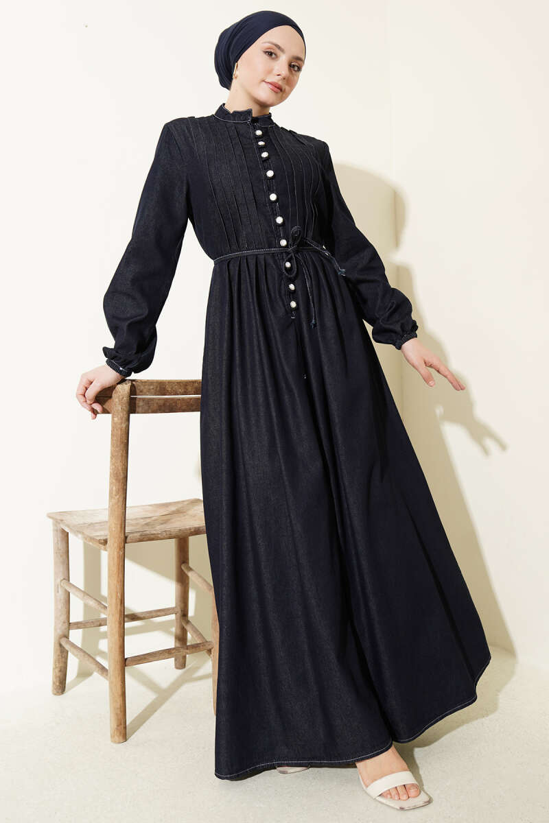 Ribbed Denim Dress with Rivet Buttons - Navy