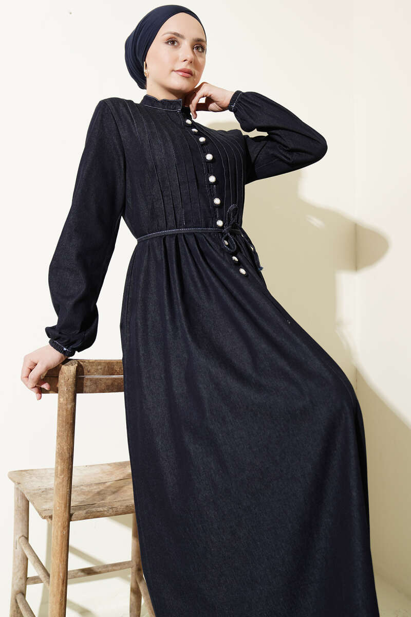 Ribbed Denim Dress with Rivet Buttons - Navy