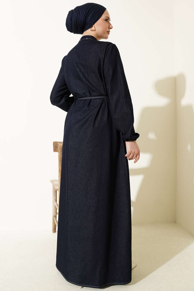Ribbed Denim Dress with Rivet Buttons - Navy