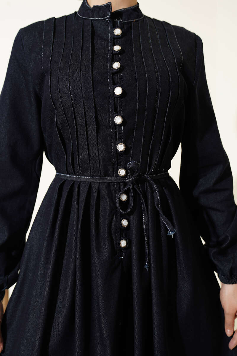 Ribbed Denim Dress with Rivet Buttons - Navy