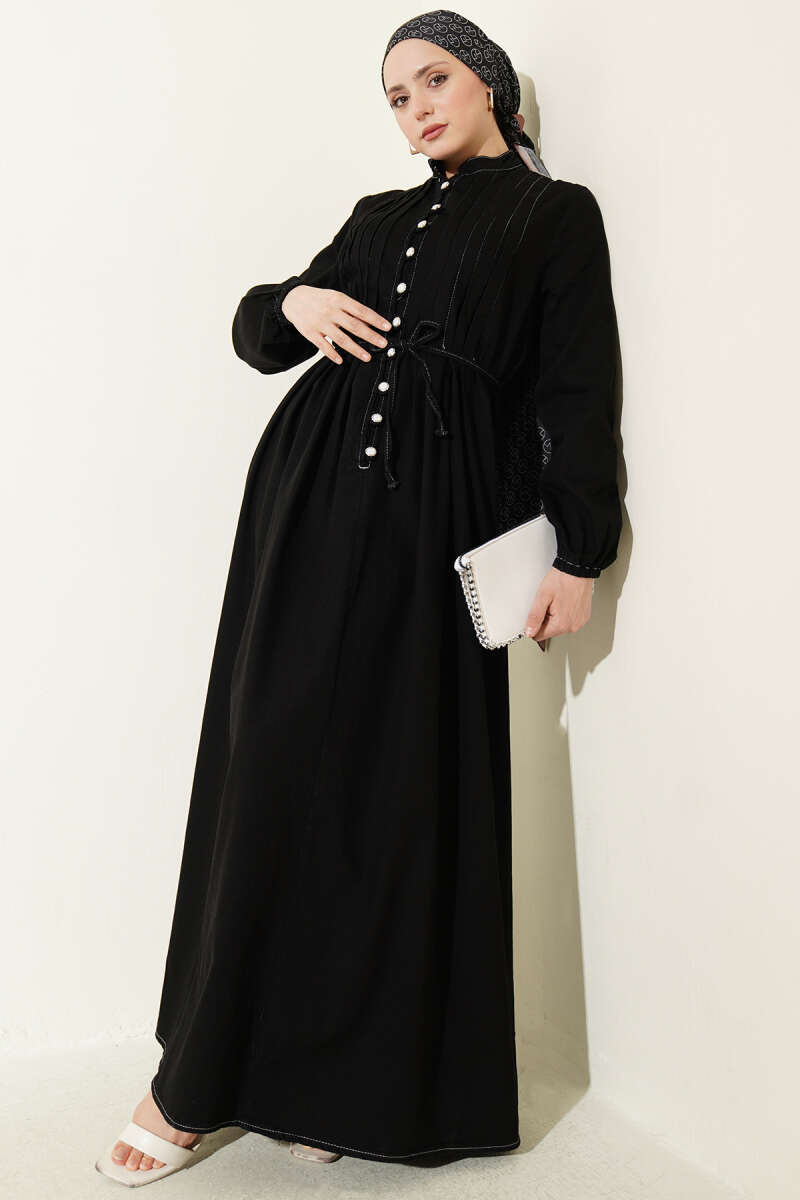 Ribbed Denim Dress with Rivet Buttons - Black