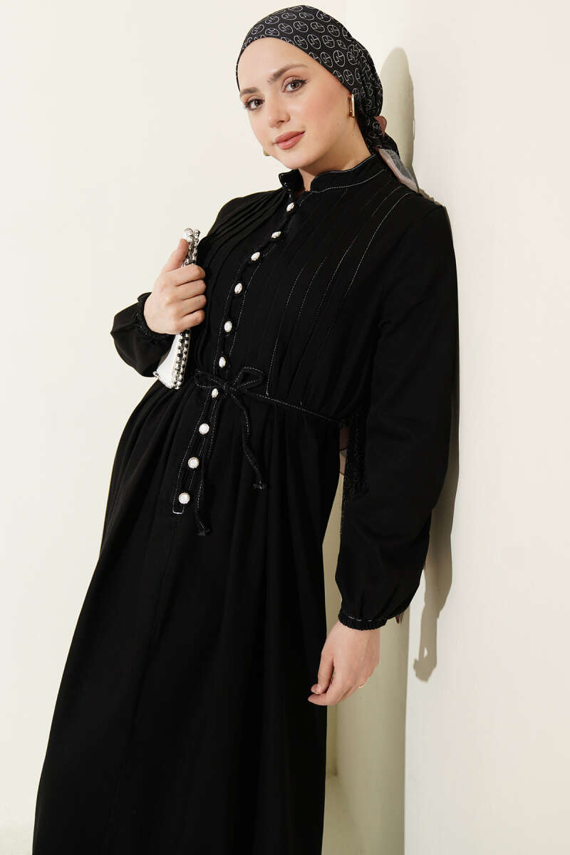 Ribbed Denim Dress with Rivet Buttons - Black