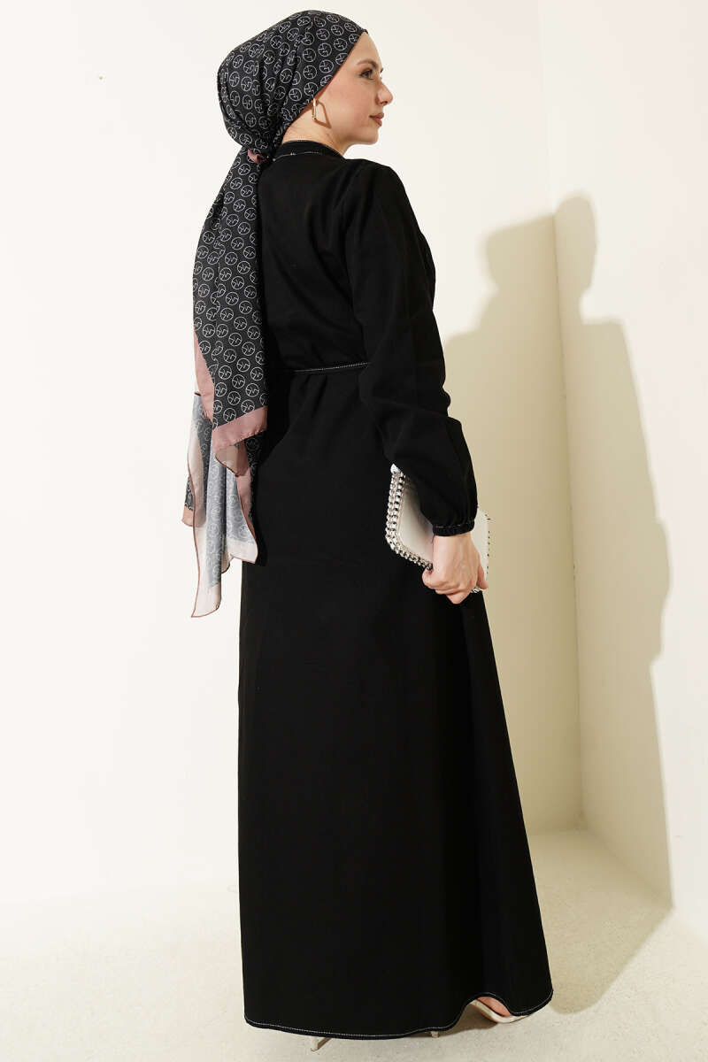 Ribbed Denim Dress with Rivet Buttons - Black