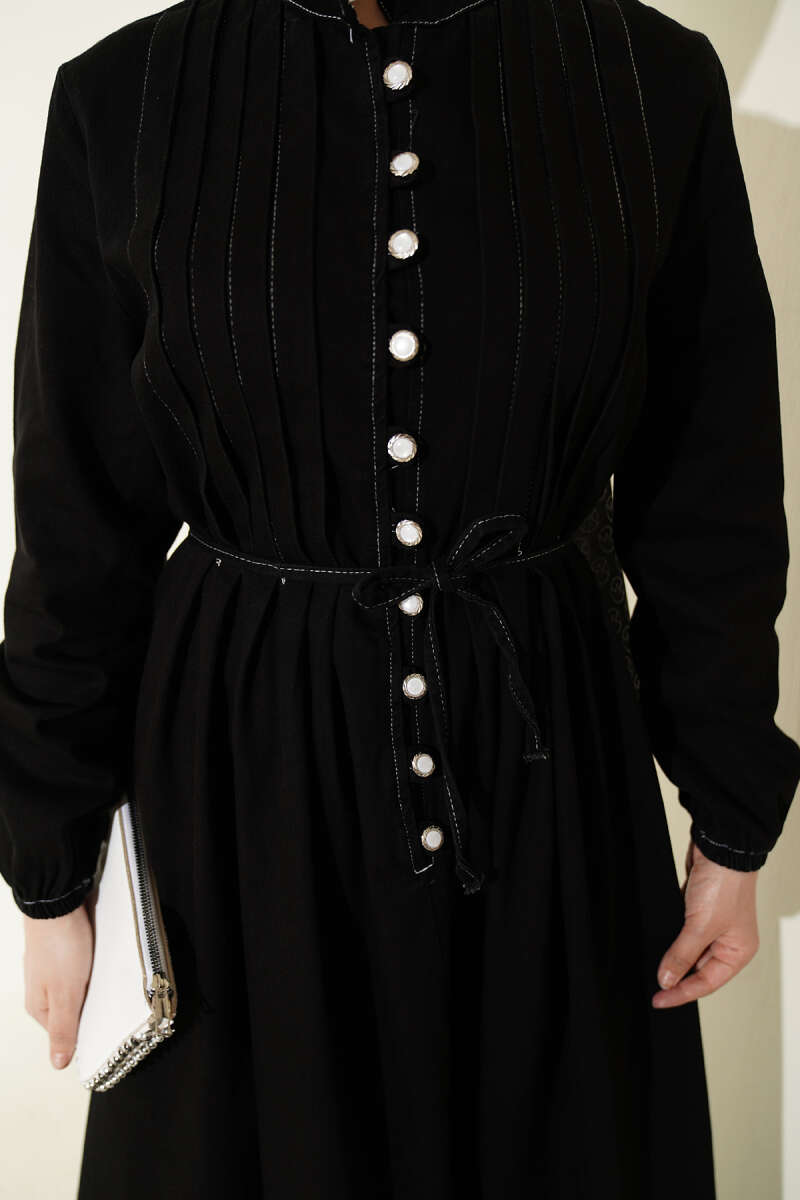 Ribbed Denim Dress with Rivet Buttons - Black