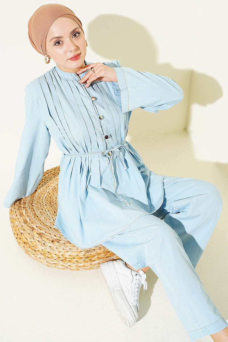 Ribbed Denim Two-Piece Set with Rivet Buttons - Ice Blue