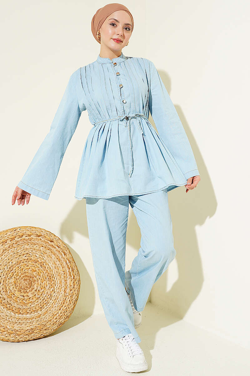 Ribbed Denim Two-Piece Set with Rivet Buttons - Ice Blue