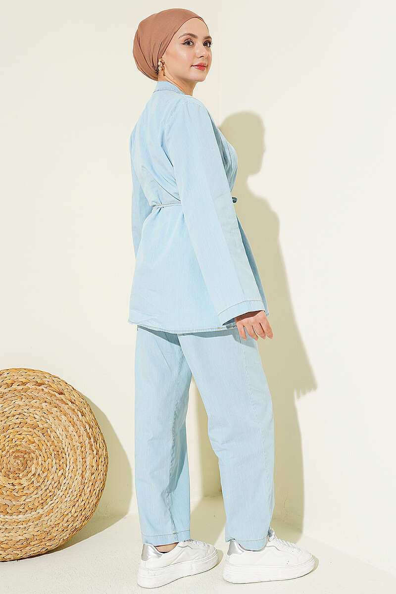 Ribbed Denim Two-Piece Set with Rivet Buttons - Ice Blue