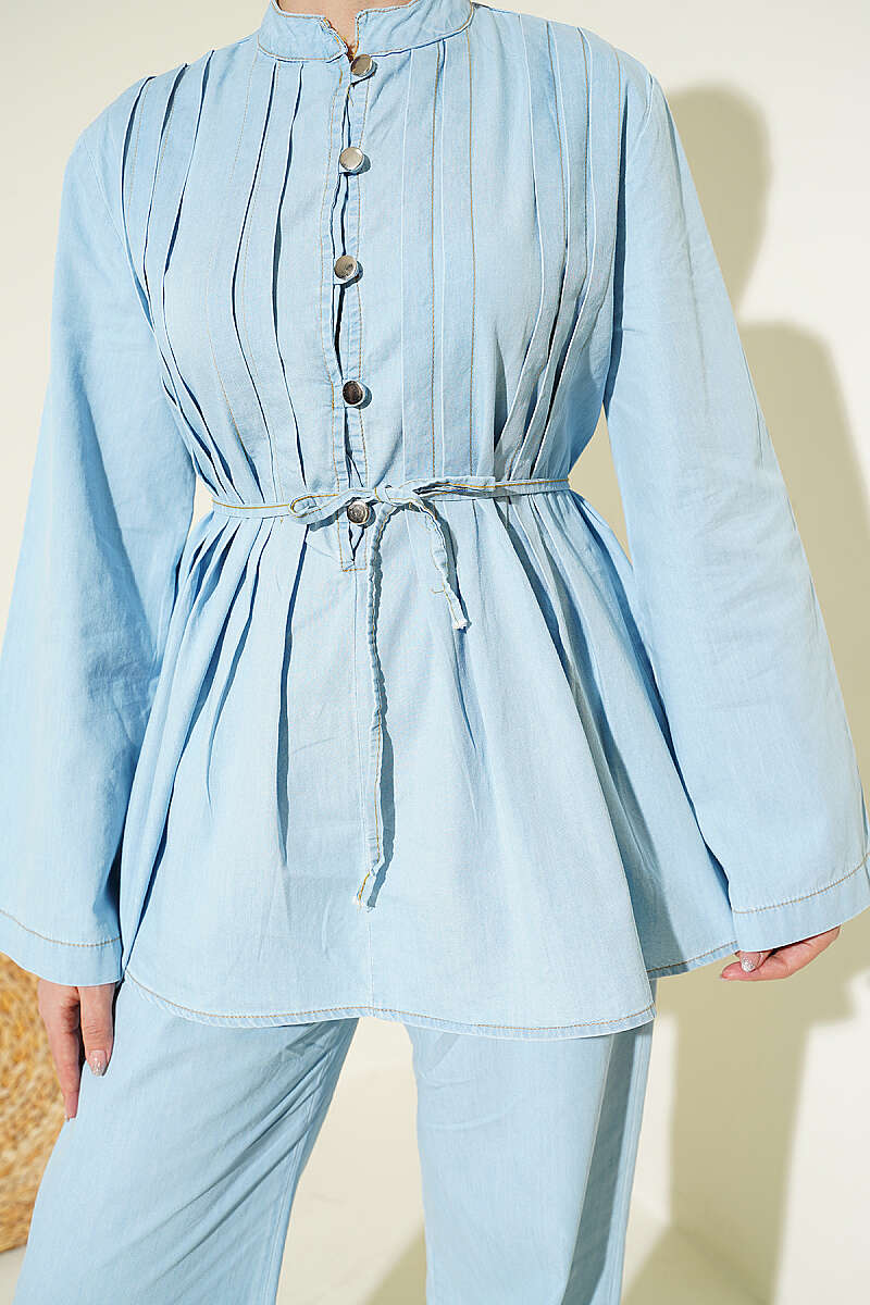 Ribbed Denim Two-Piece Set with Rivet Buttons - Ice Blue