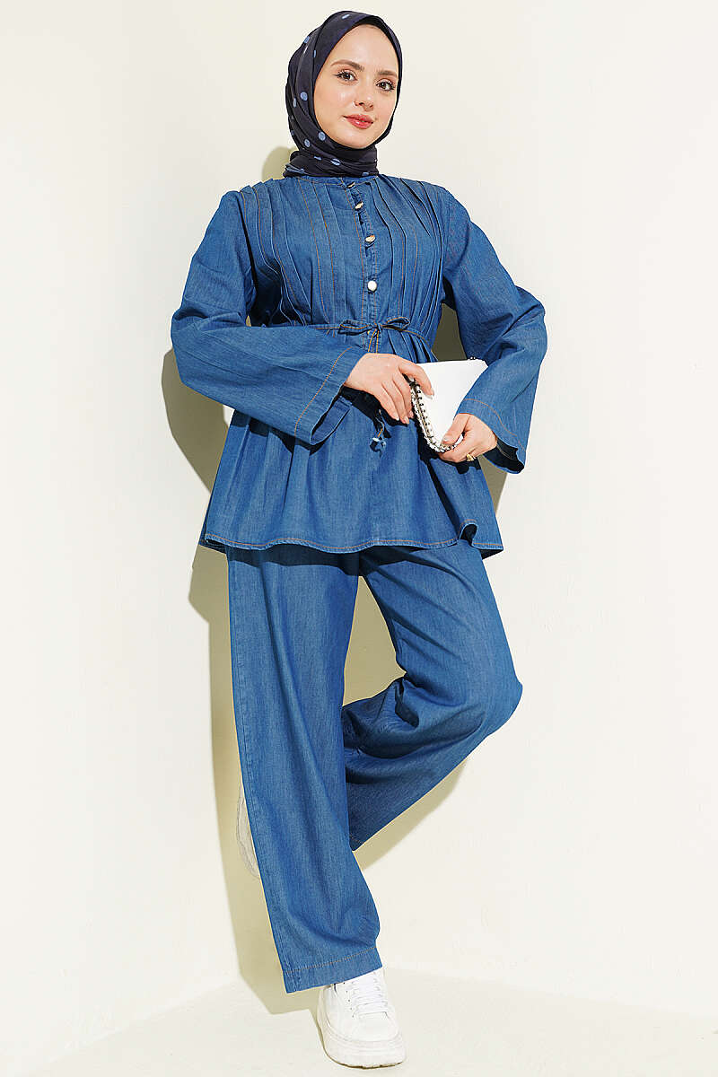 Ribbed Denim Two-Piece Set with Rivet Buttons - Classic Denim