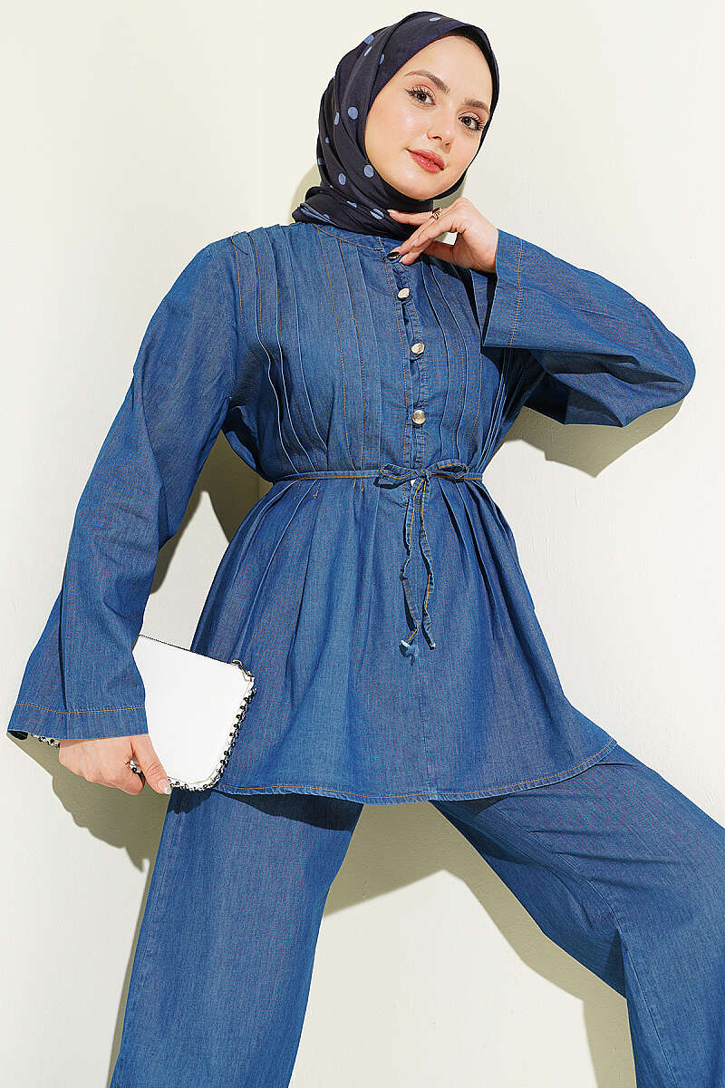 Ribbed Denim Two-Piece Set with Rivet Buttons - Classic Denim