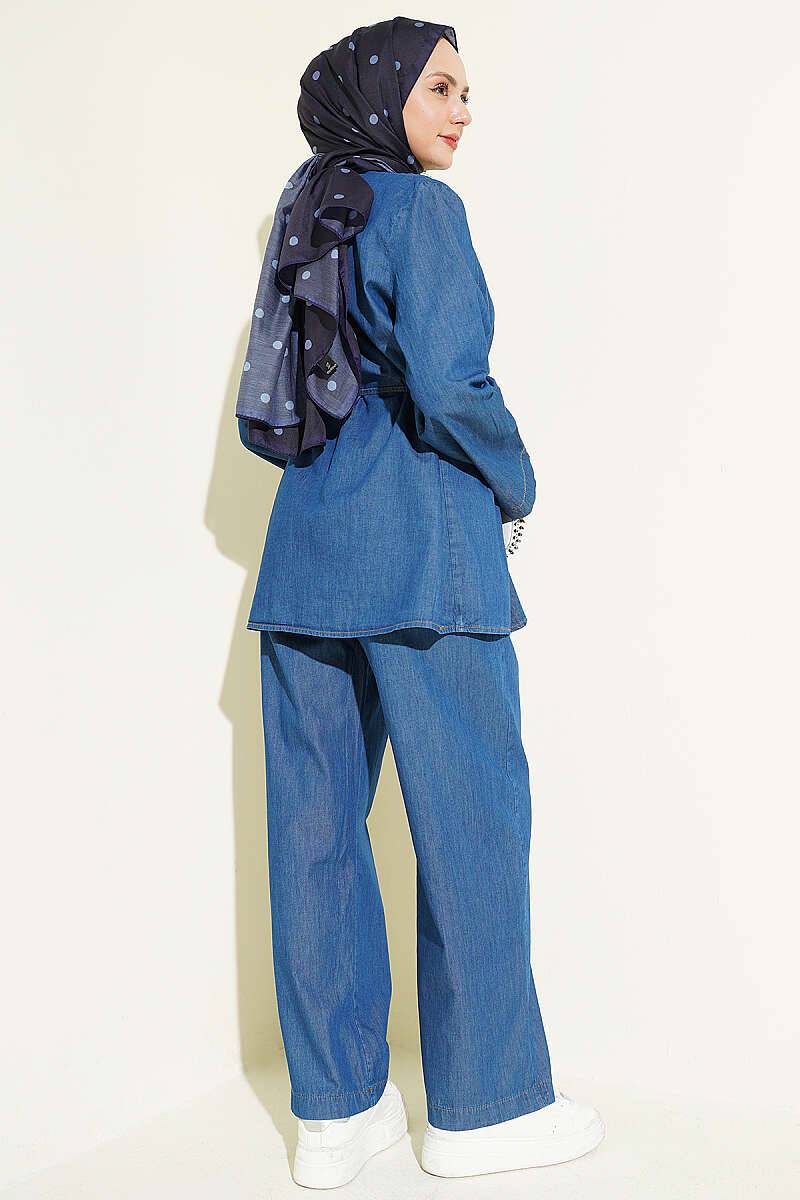 Ribbed Denim Two-Piece Set with Rivet Buttons - Classic Denim