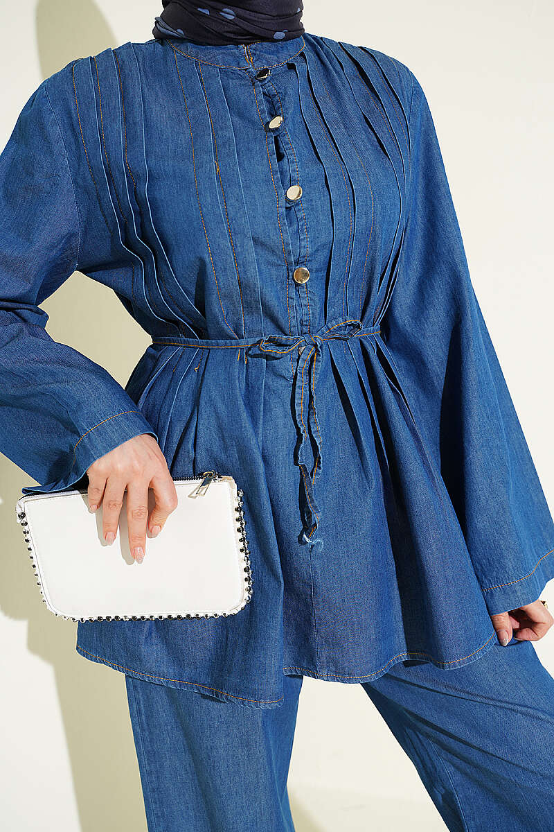 Ribbed Denim Two-Piece Set with Rivet Buttons - Classic Denim
