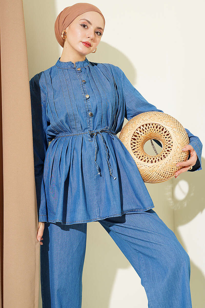 Ribbed Denim Two-Piece Set with Rivet Buttons - Denim Blue