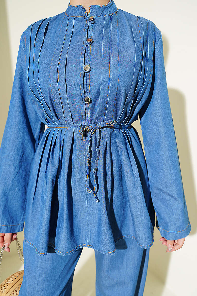 Ribbed Denim Two-Piece Set with Rivet Buttons - Denim Blue