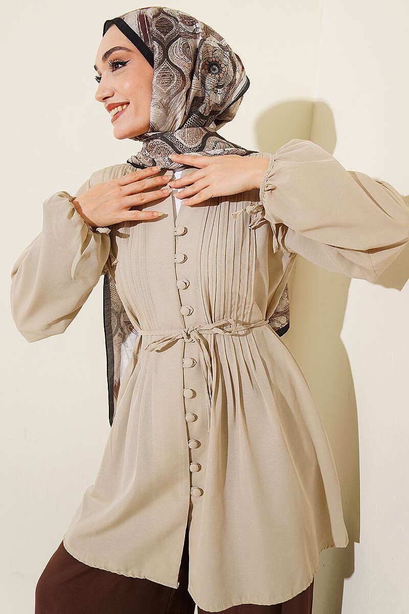 Ribbed Tunic with Rivet Buttons - Beige