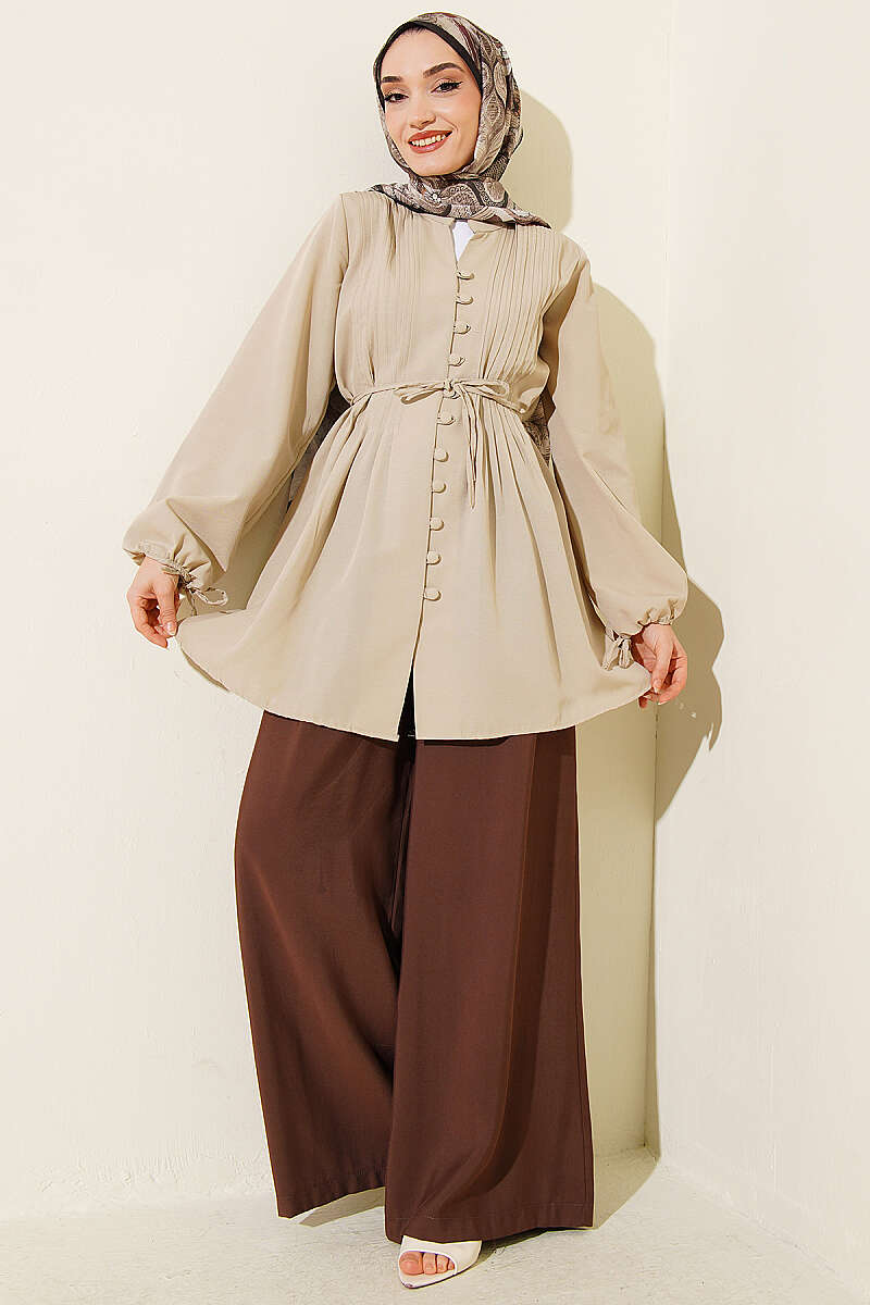 Ribbed Tunic with Rivet Buttons - Beige