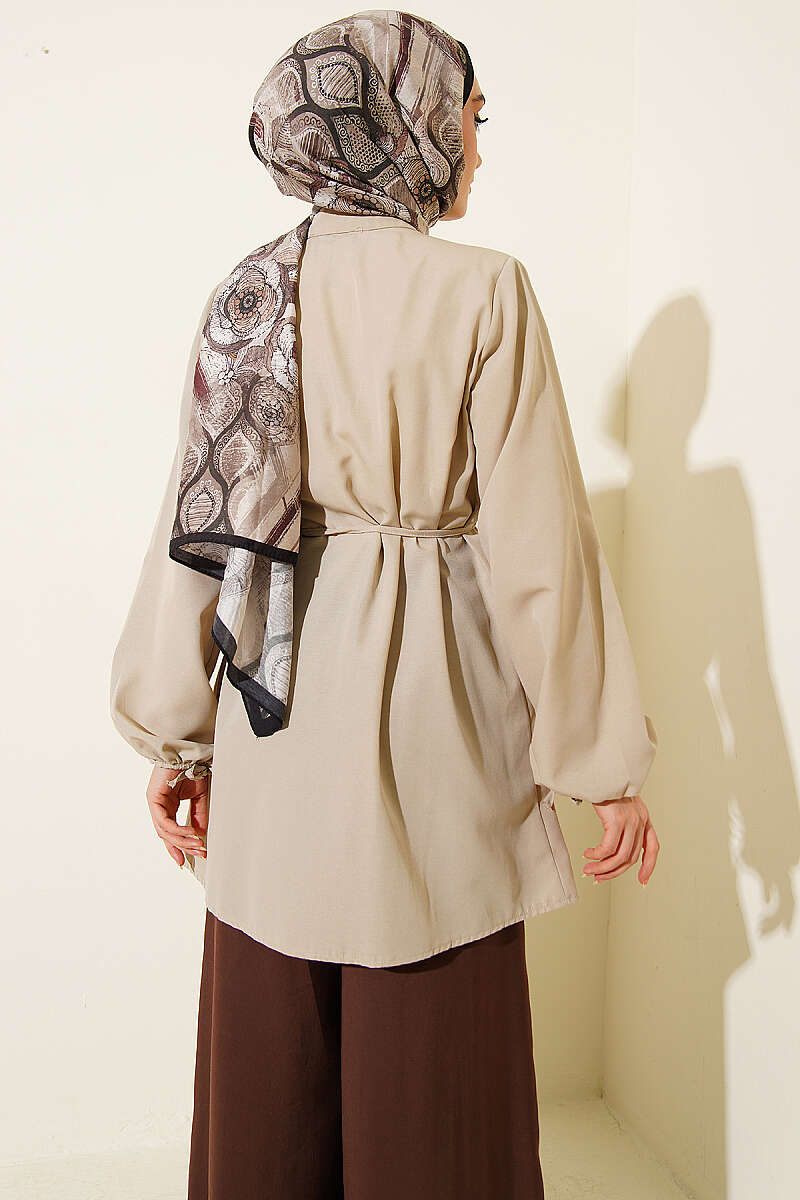Ribbed Tunic with Rivet Buttons - Beige