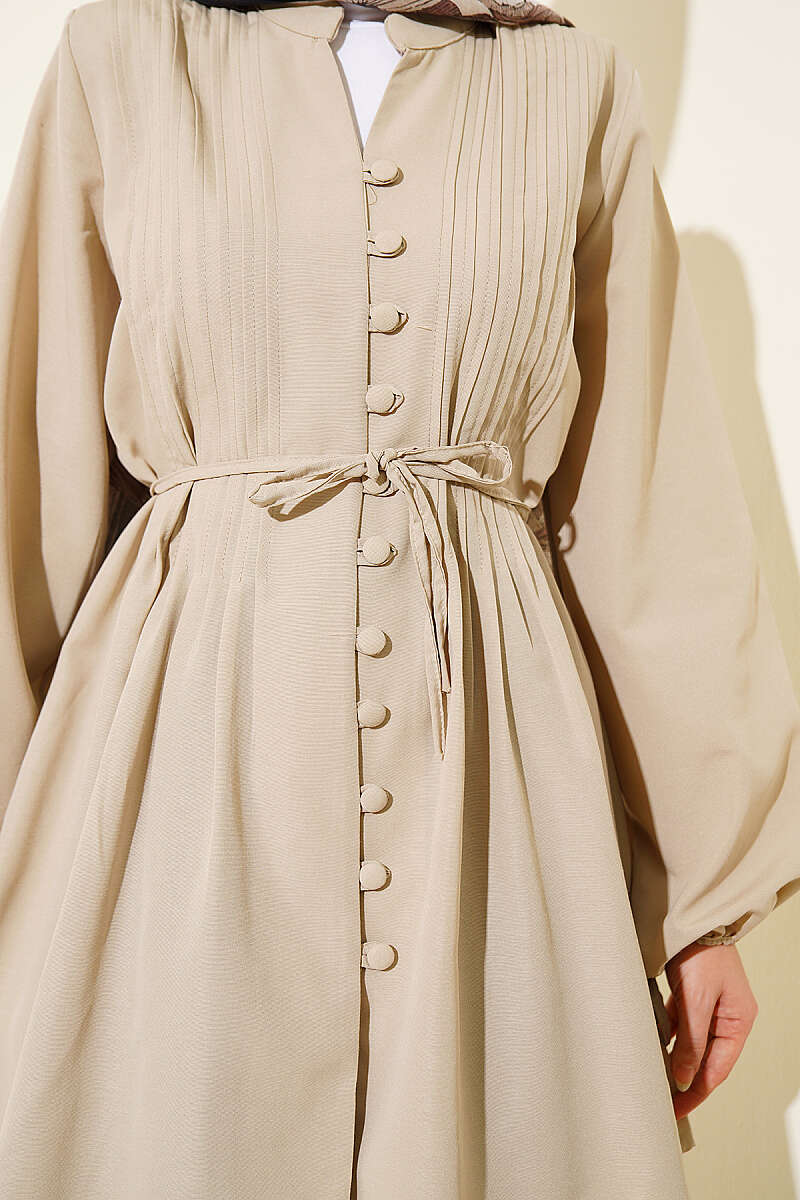 Ribbed Tunic with Rivet Buttons - Beige
