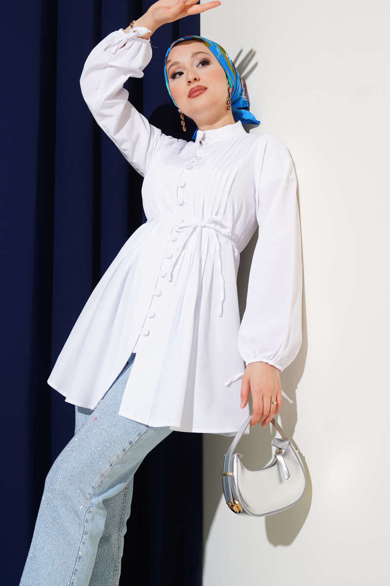 Ribbed Tunic with Rivet Buttons - White