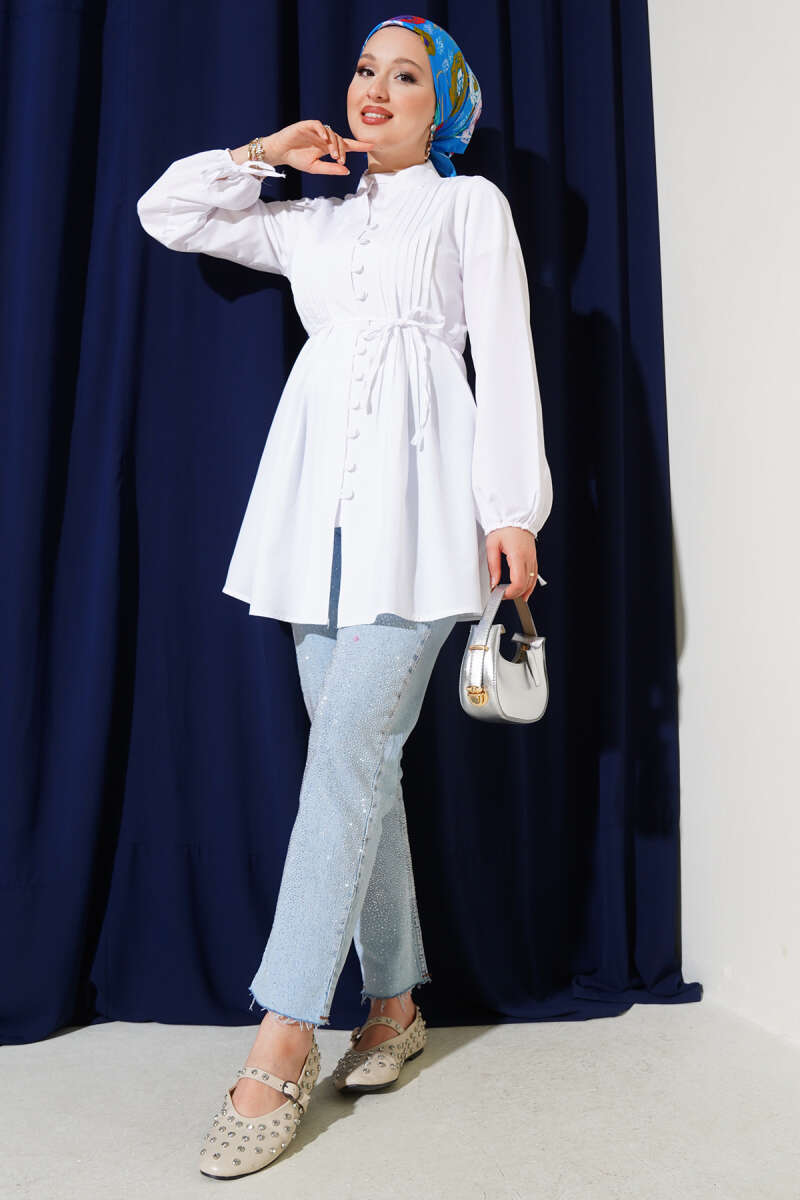Ribbed Tunic with Rivet Buttons - White