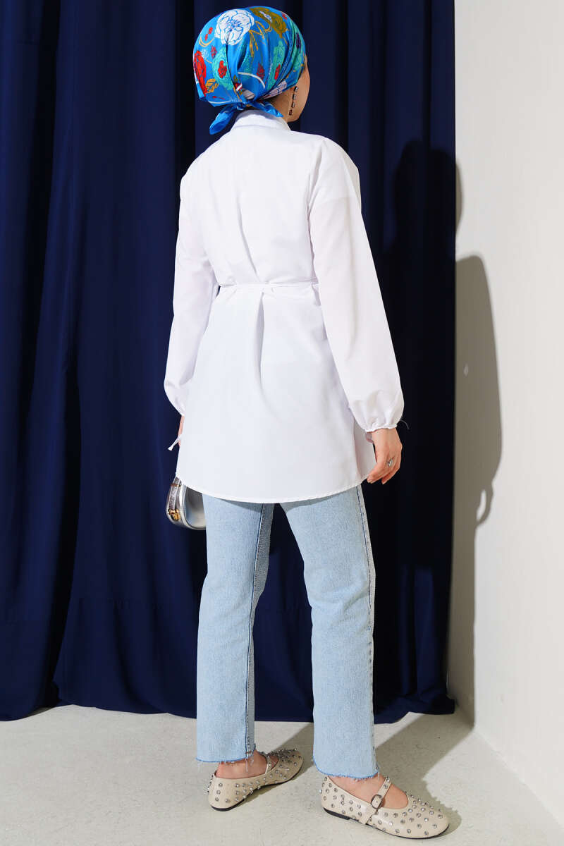 Ribbed Tunic with Rivet Buttons - White
