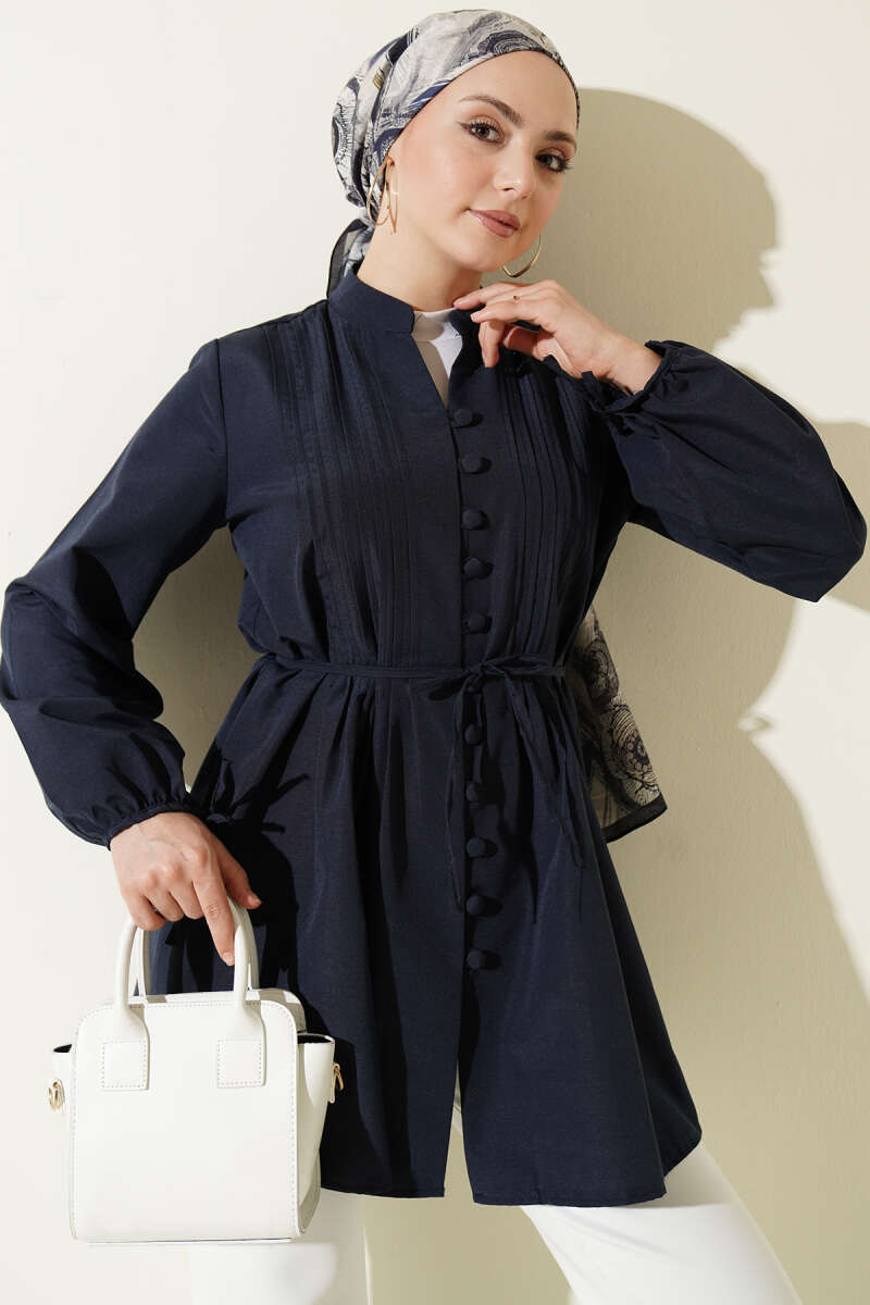 Ribbed Tunic with Rivet Buttons - Navy