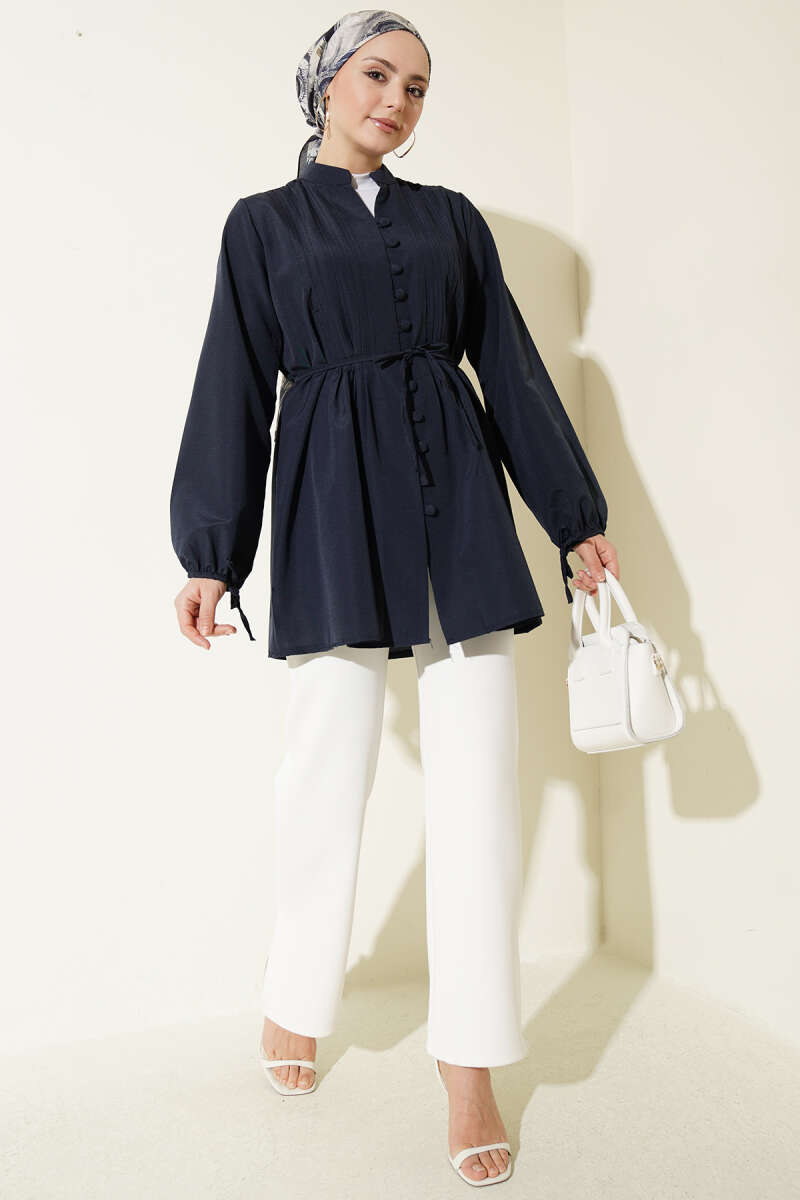 Ribbed Tunic with Rivet Buttons - Navy