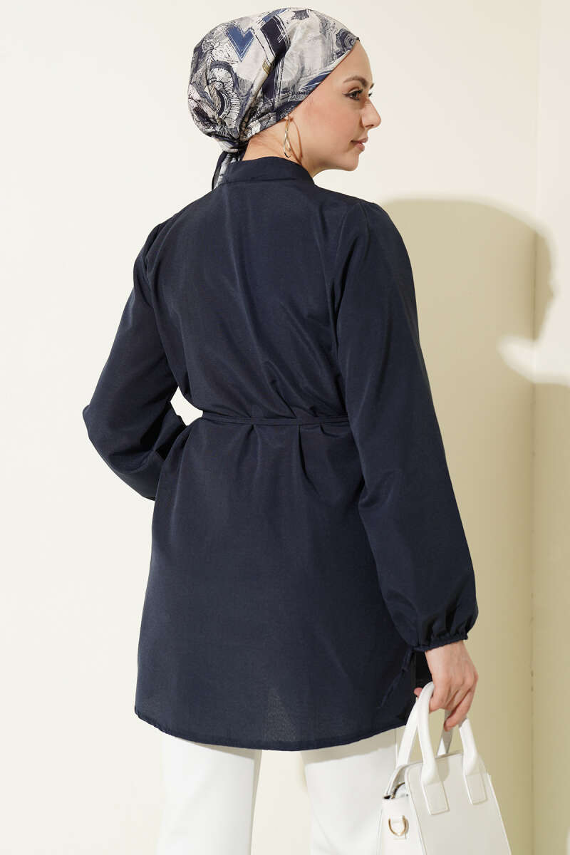 Ribbed Tunic with Rivet Buttons - Navy