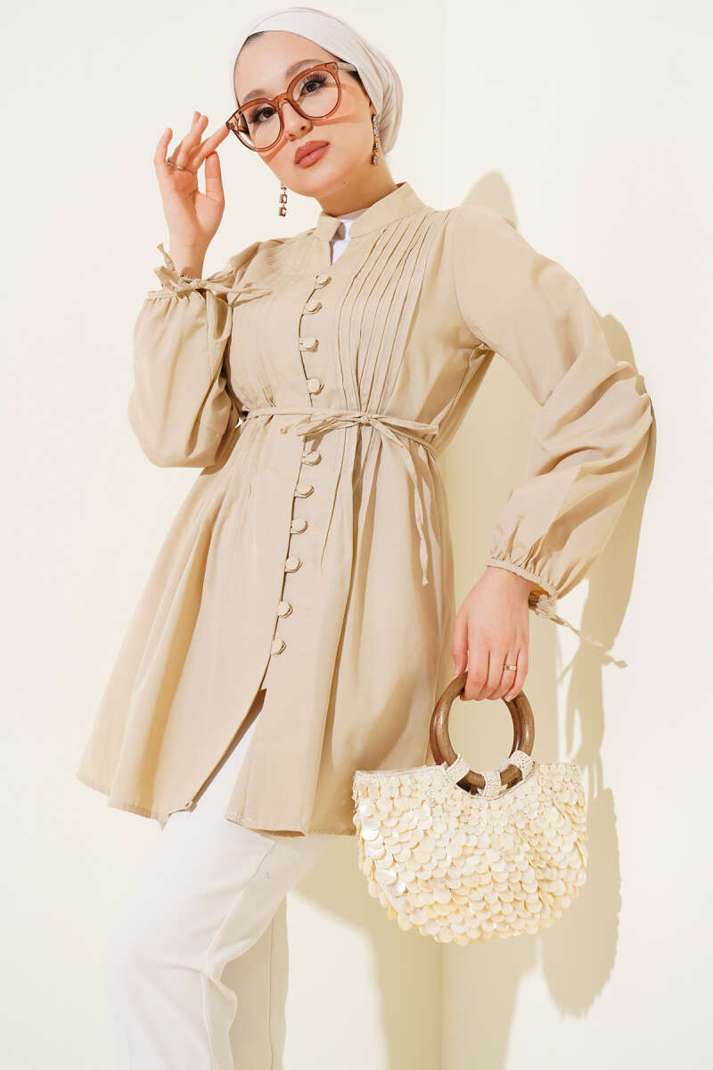 Ribbed Tunic with Rivet Buttons - Latte