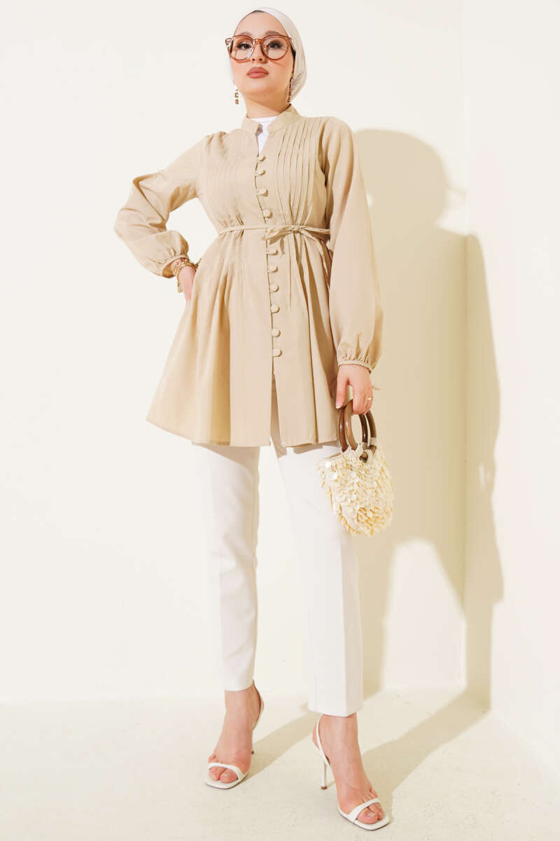 Ribbed Tunic with Rivet Buttons - Latte