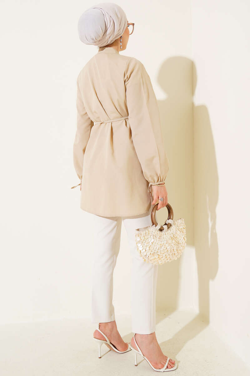 Ribbed Tunic with Rivet Buttons - Latte