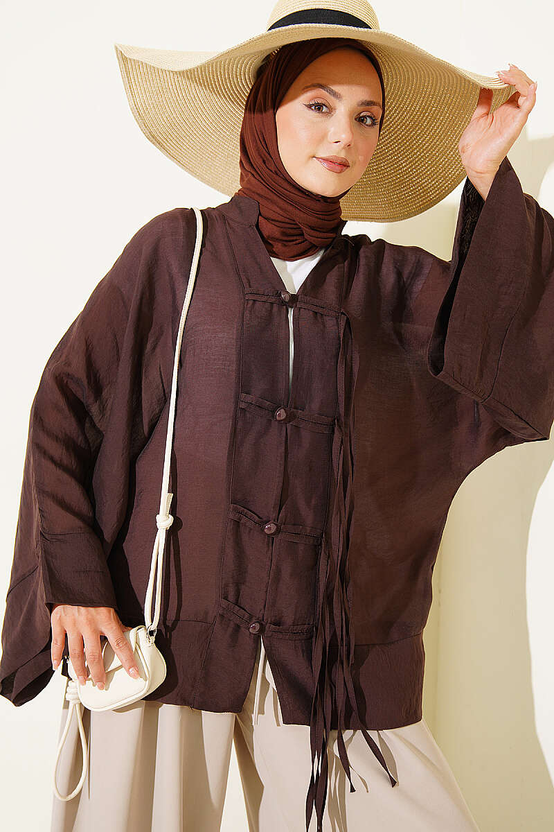 Oversized Kimono with Rivet Buttons - Brown