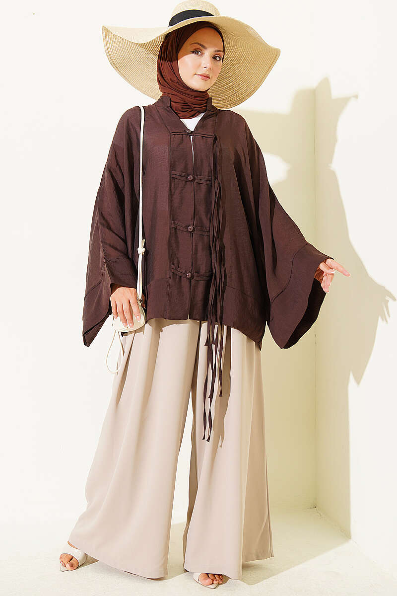 Oversized Kimono with Rivet Buttons - Brown