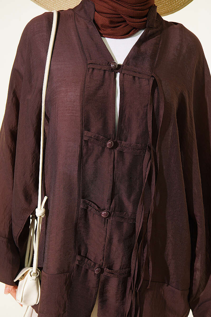 Oversized Kimono with Rivet Buttons - Brown