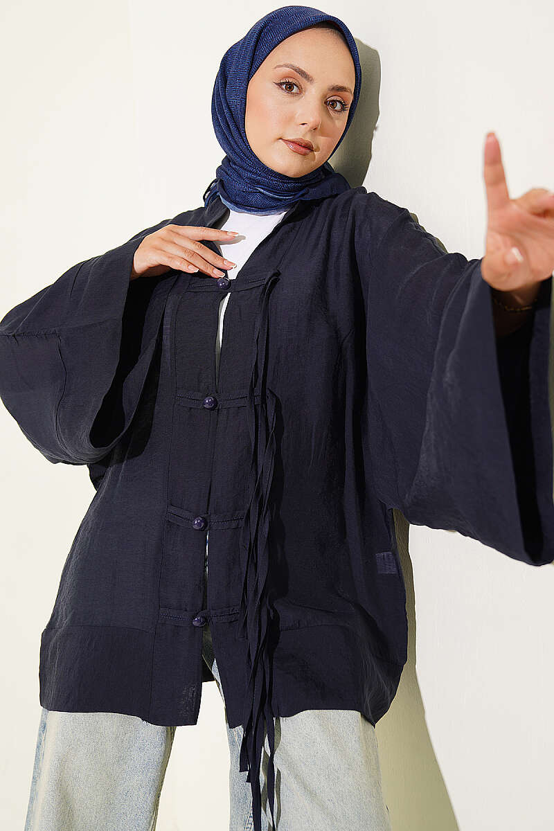 Oversized Kimono with Rivet Buttons - Navy