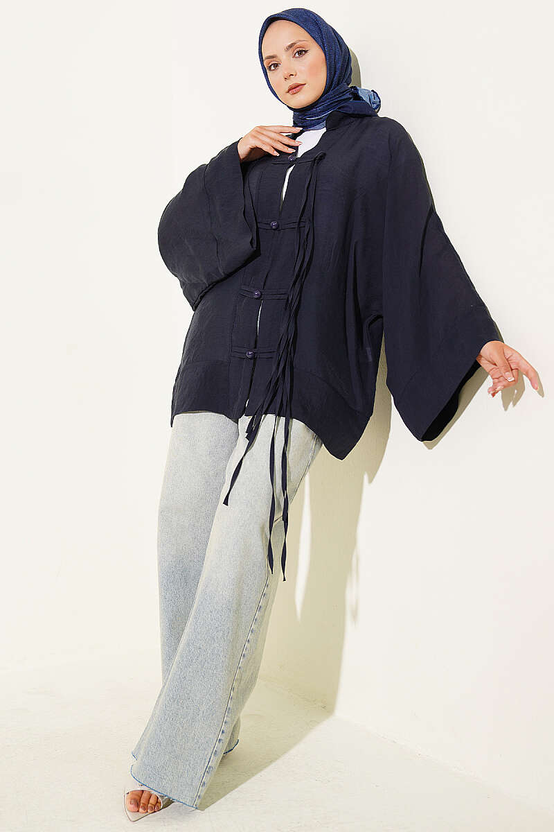 Oversized Kimono with Rivet Buttons - Navy