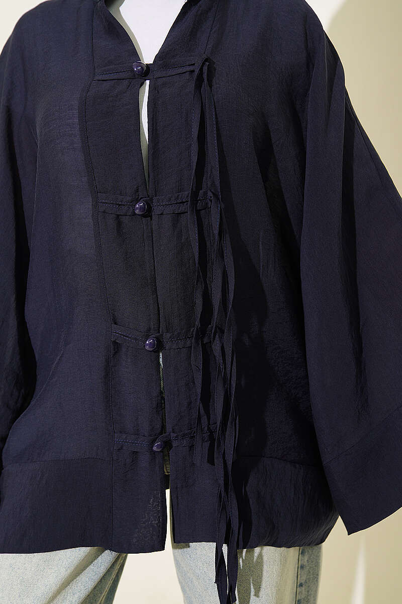 Oversized Kimono with Rivet Buttons - Navy