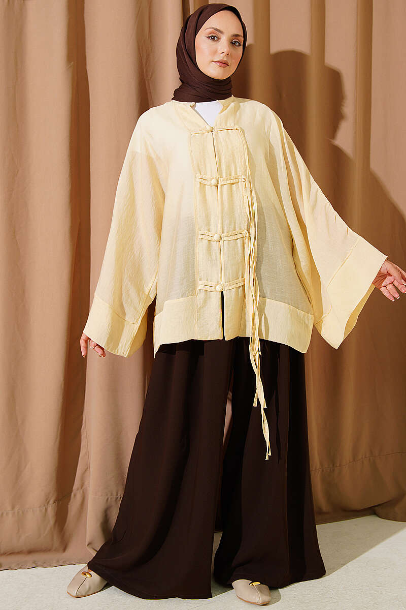 Oversized Kimono with Rivet Buttons - Yellow
