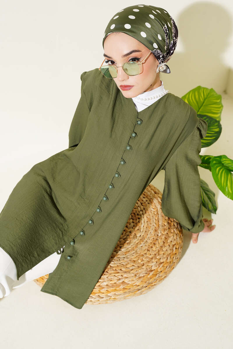 V-Neck Shirt with Rivet Buttons - Khaki