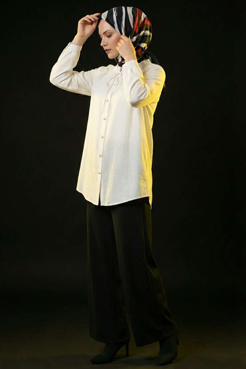 Rivet-Button Tunic with Lace-Up Collar - White